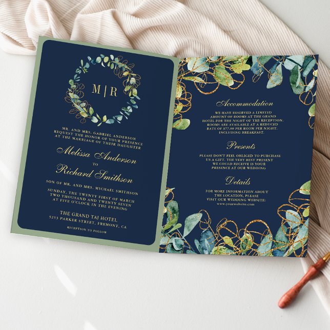 Invitation Couronne de mariage Code QR Bleu Navy Or Eucalyptu (Créateur téléchargé)