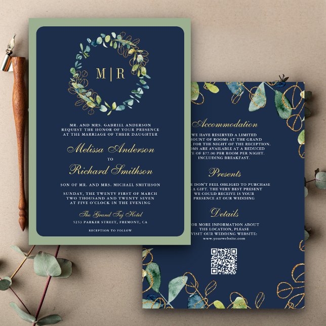 Invitation Couronne de mariage Code QR Bleu Navy Or Eucalyptu (Créateur téléchargé)