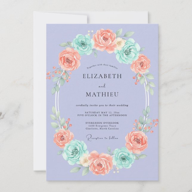 Invitation Couronne de mariage Corail Aqua Pervenche (Devant)