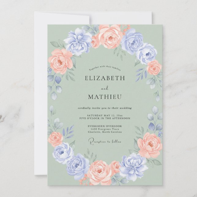 Invitation Couronne de mariage Corail Foncé Pervenche (Devant)