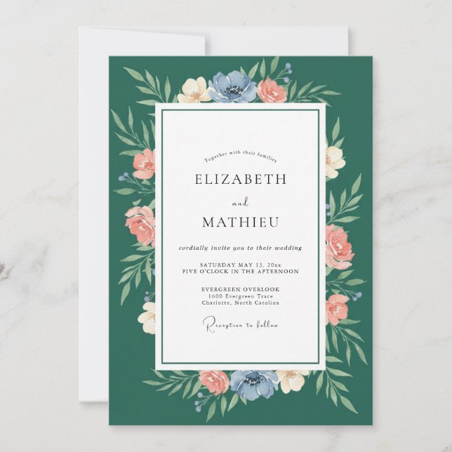 Invitation Couronne de mariage Corail Sarcelle (Devant)