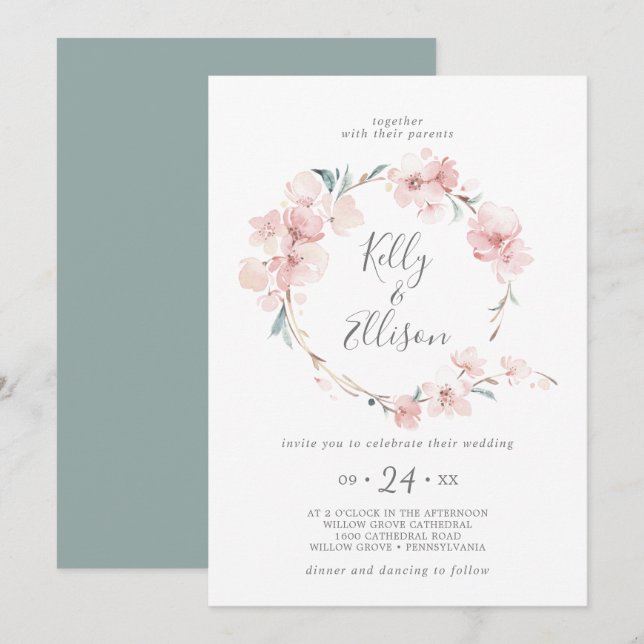 Invitation Couronne de mariage de cerisier en fleurs de print (Devant / Derrière)