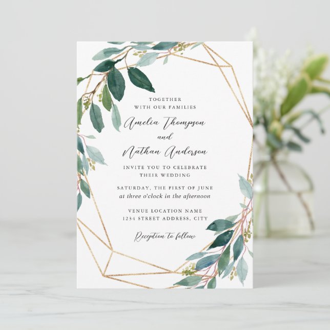 Invitation Couronne de mariage de feuilles modernes (Debout devant)