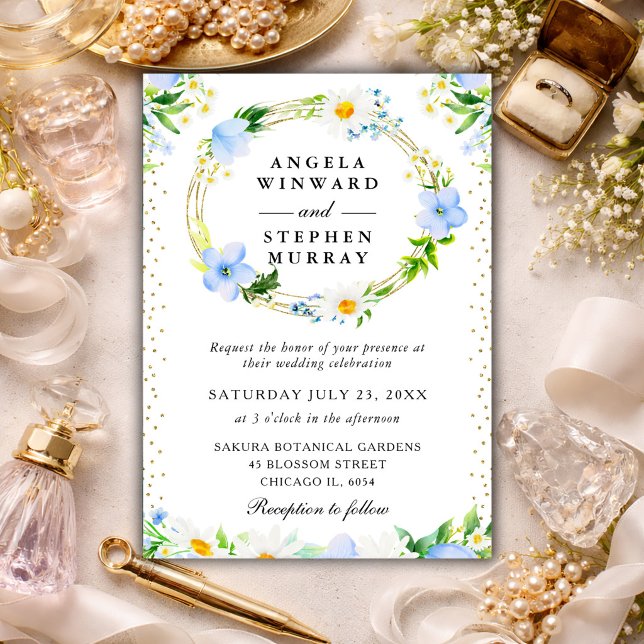 Invitation Couronne de mariage de marguerites et de fleurs bl (Créateur téléchargé)