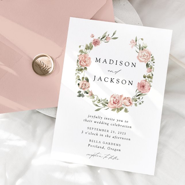 Invitation Couronne de mariage de roses et de verdure élégant (Créateur téléchargé)