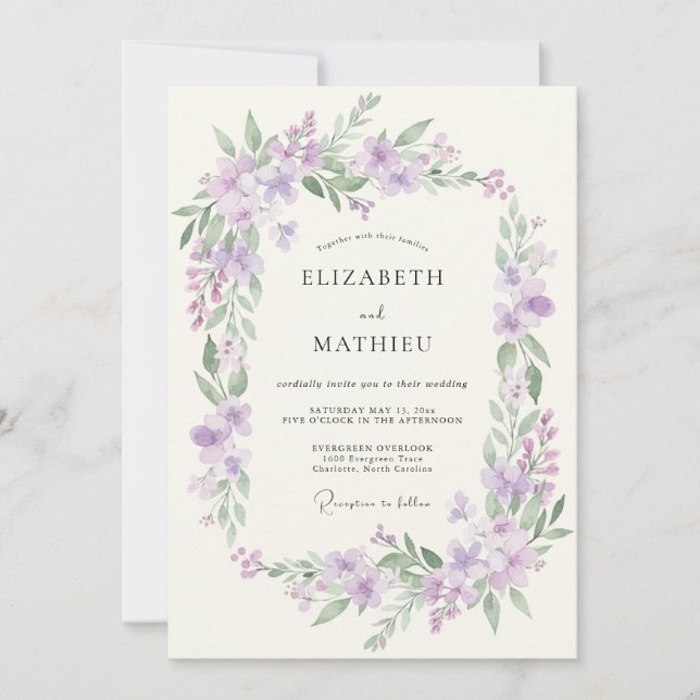 Invitation Couronne de mariage délicate lilas (Devant)