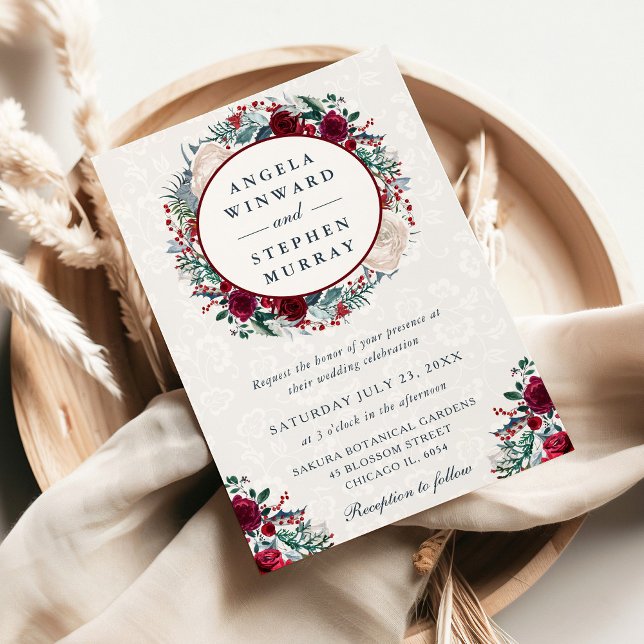 Invitation Couronne de mariage d'hiver rouge et blanc à l'aqu (Créateur téléchargé)