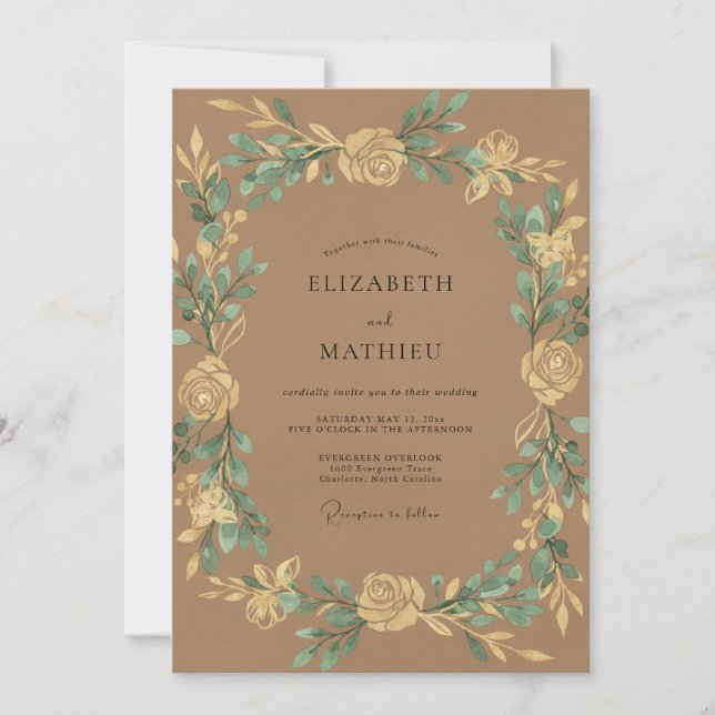 Invitation Couronne de mariage dorée chamois (Devant)