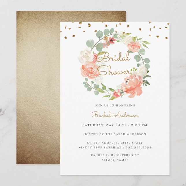 Invitation Couronne de mariage dorée et pêche scintillante (Devant / Derrière)