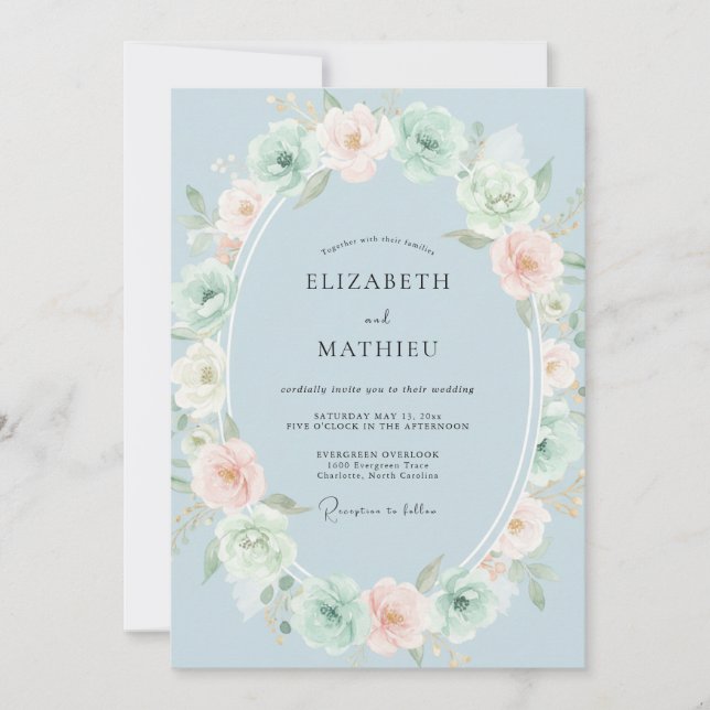 Invitation Couronne de mariage Dusty Blue Blossom (Devant)