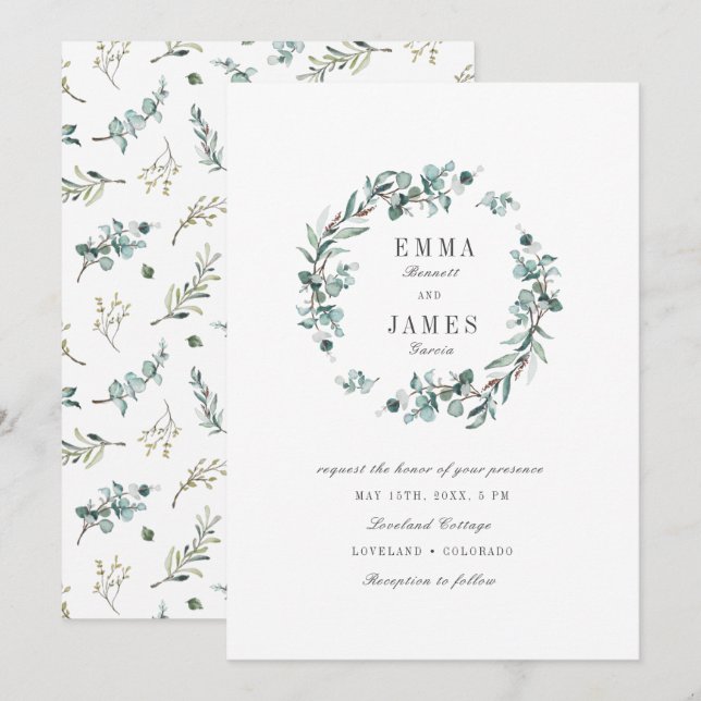 Invitation Couronne de mariage élégante à l'aquarelle eucalyp (Devant / Derrière)