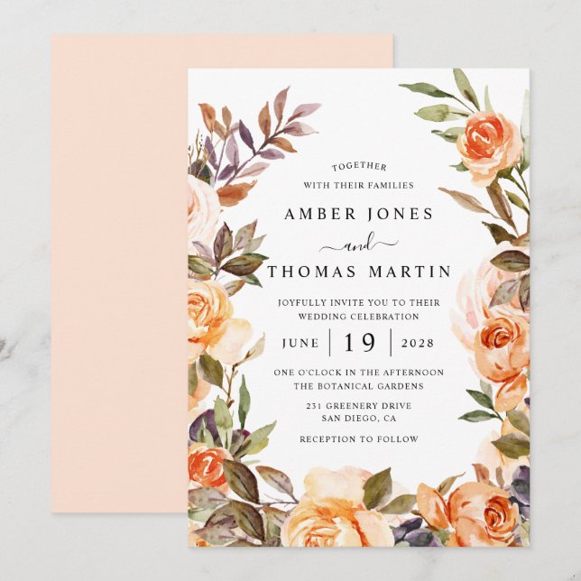 Invitation Couronne de mariage élégante pêche orange brûlé (Devant / Derrière)