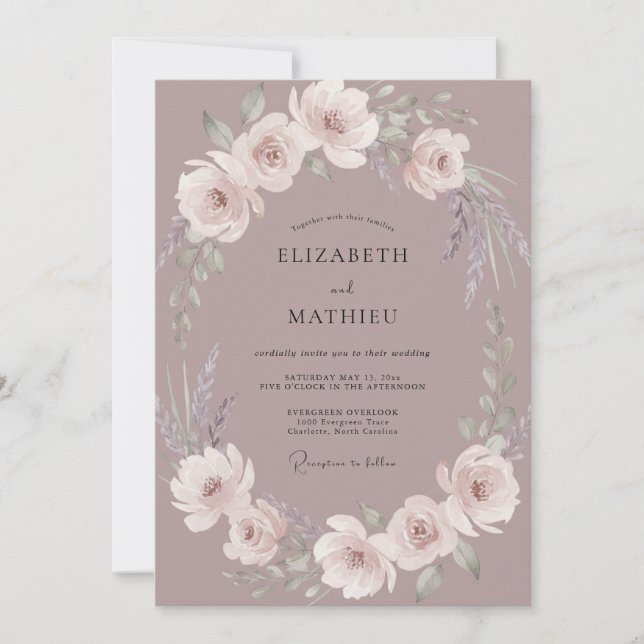 Invitation Couronne de mariage élégante poussiéreuse plumée (Devant)