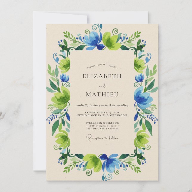 Invitation Couronne de mariage Émeraude Cobalt (Devant)