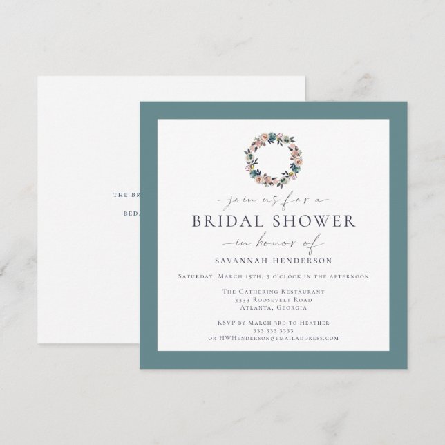 Invitation Couronne de mariage en aquarelle vert sauge rose F (Devant / Derrière)