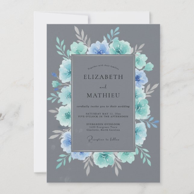 Invitation Couronne de mariage en ardoise céleste aqua (Devant)