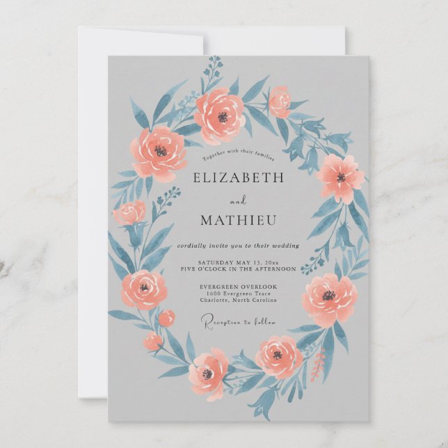 Invitation Couronne de mariage en ardoise corail (Devant)