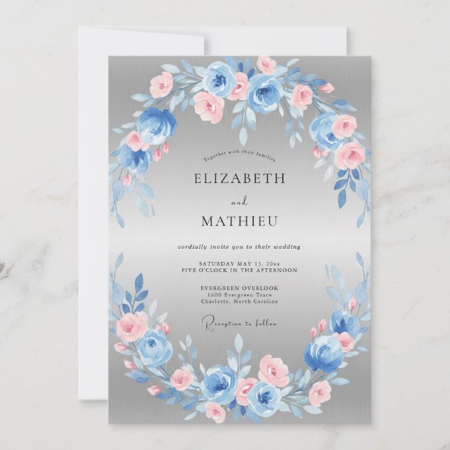 Invitation Couronne de mariage en azur acier rose (Devant)