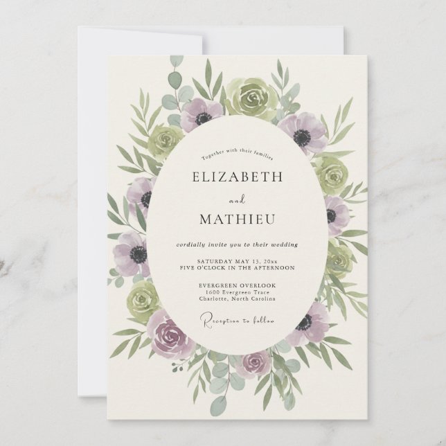 Invitation Couronne de mariage en céladon lilas (Devant)