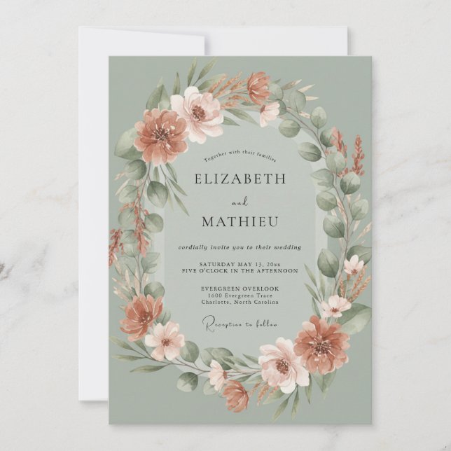 Invitation Couronne de mariage en céladon poussiéreux (Devant)