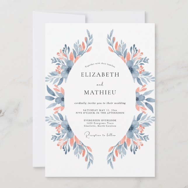 Invitation Couronne de mariage en corail ardoise (Devant)