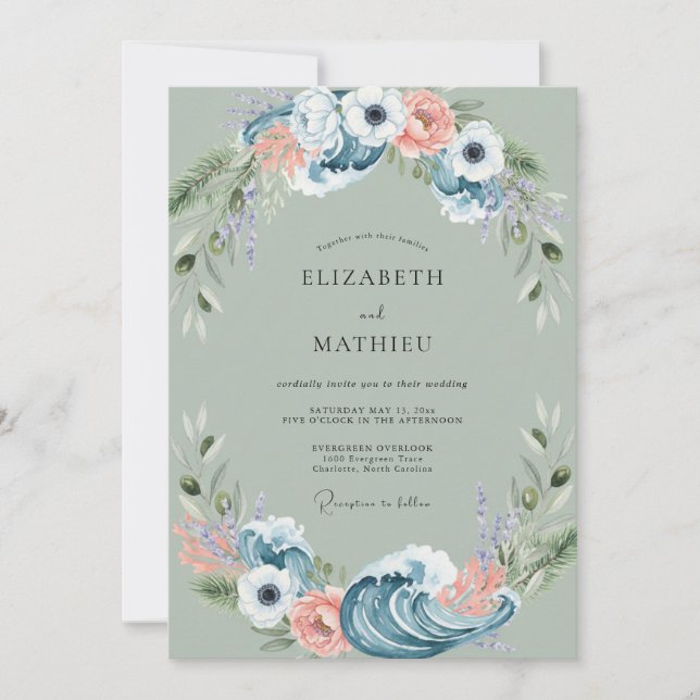 Invitation Couronne de mariage en corail tendre ardoise (Devant)