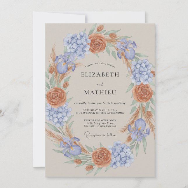 Invitation Couronne de mariage en cuivre et pervenche (Devant)