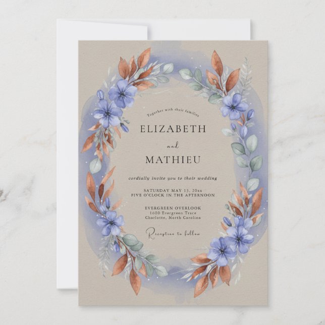Invitation Couronne de mariage en cuivre et pervenche (Devant)