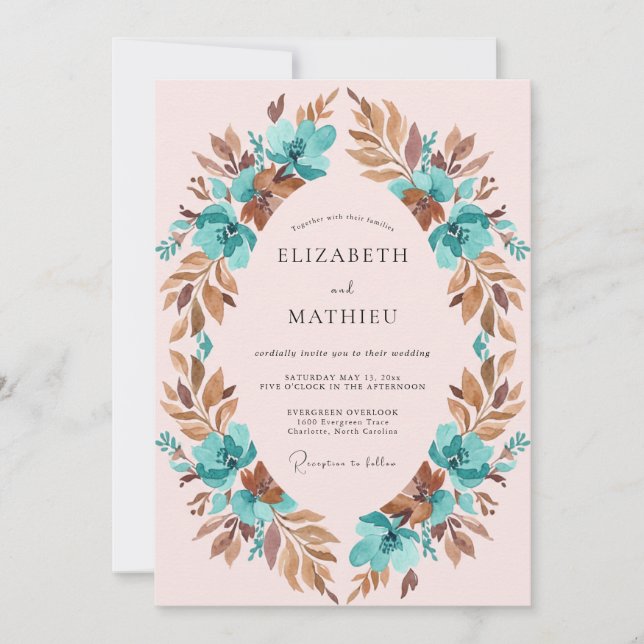Invitation Couronne de mariage en cuivre et sarcelle (Devant)