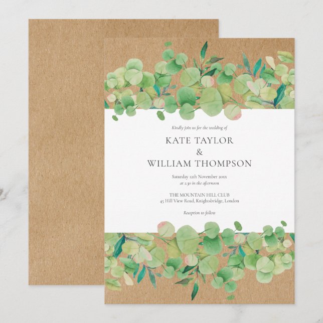 Invitation Couronne de mariage en eucalyptus verdure rustique (Devant / Derrière)
