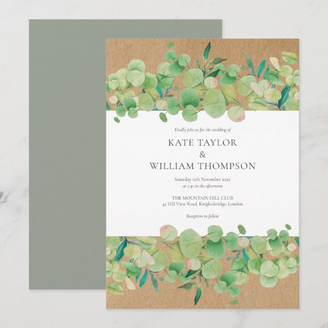Invitation Couronne de mariage en eucalyptus verdure rustique (Devant / Derrière)
