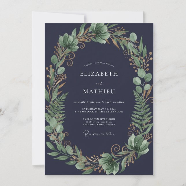 Invitation Couronne de mariage en fougère d'obsidienne (Devant)