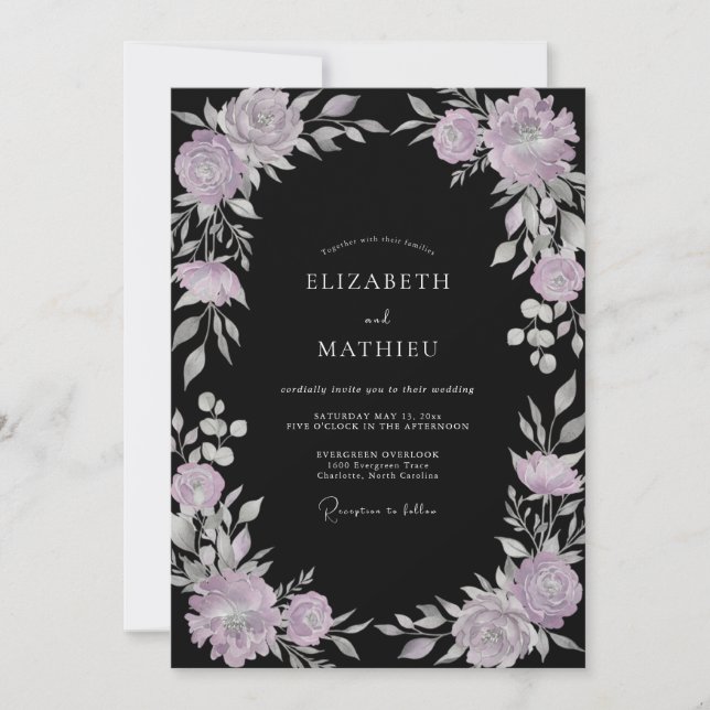 Invitation Couronne de mariage en lavande noire (Devant)