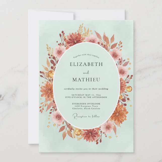 Invitation Couronne de mariage en mint à rouille (Devant)