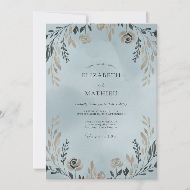 Invitation Couronne de mariage en or doux et pervenche (Devant)