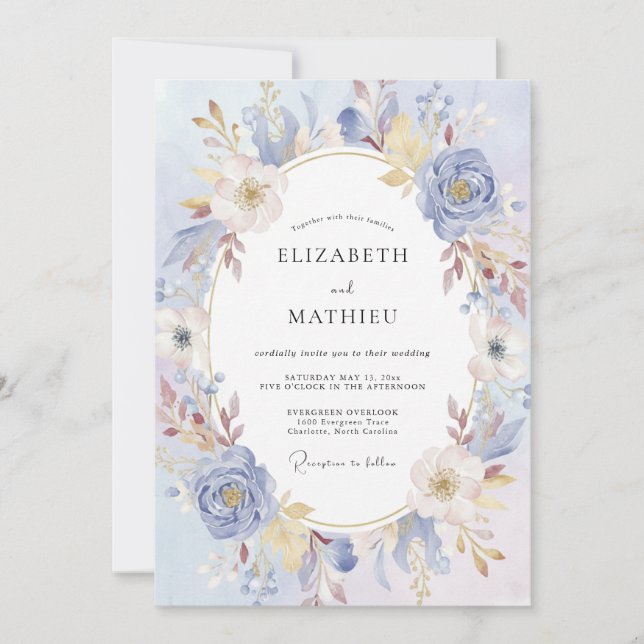 Invitation Couronne de mariage en or et pervenche (Devant)