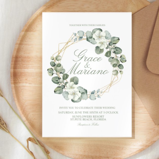 Invitation Couronne de mariage en or faux eucalyptus à l'aqua (Créateur téléchargé)