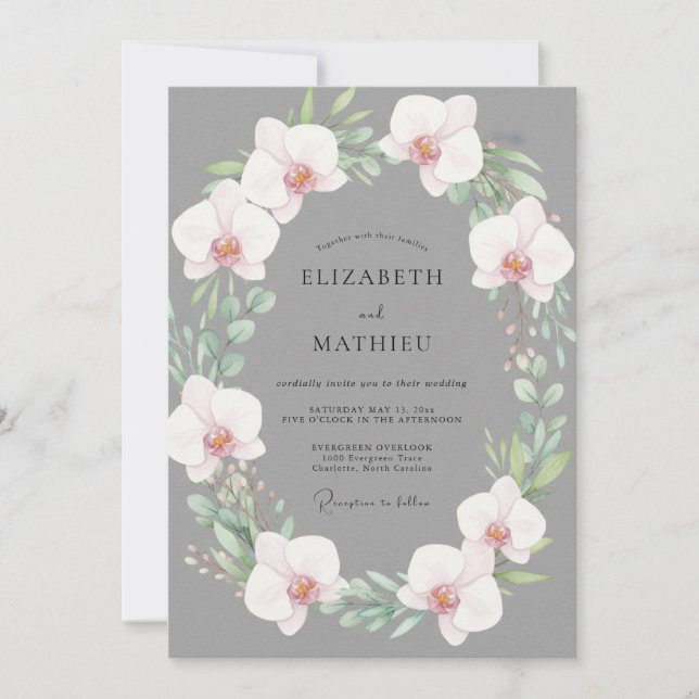 Invitation Couronne de mariage en orchidée ardoise (Devant)