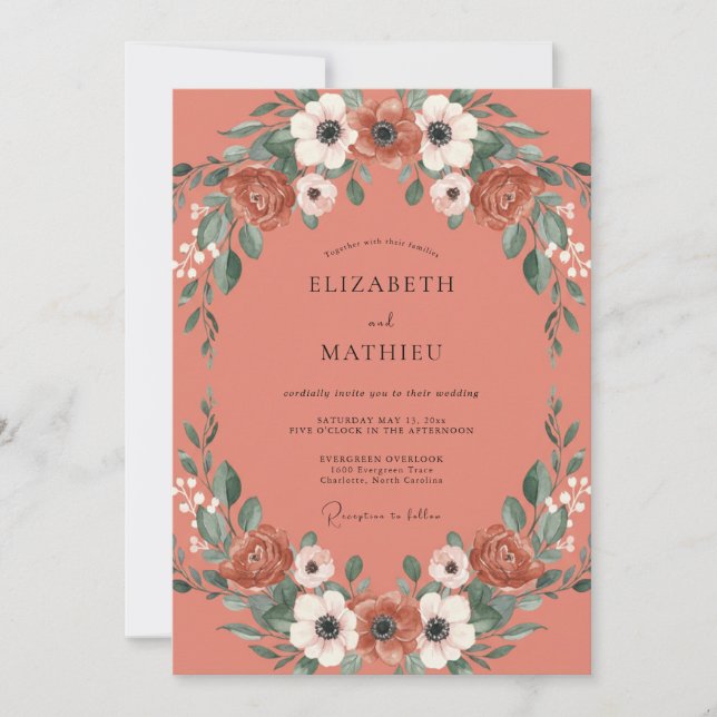 Invitation Couronne de mariage en pivoine corail (Devant)