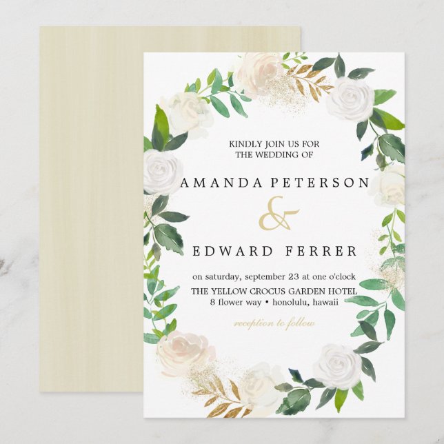 Invitation Couronne de mariage en roses florales ivoire rose  (Devant / Derrière)