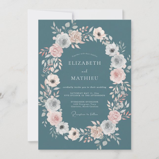 Invitation Couronne de mariage en sarcelle acier (Devant)