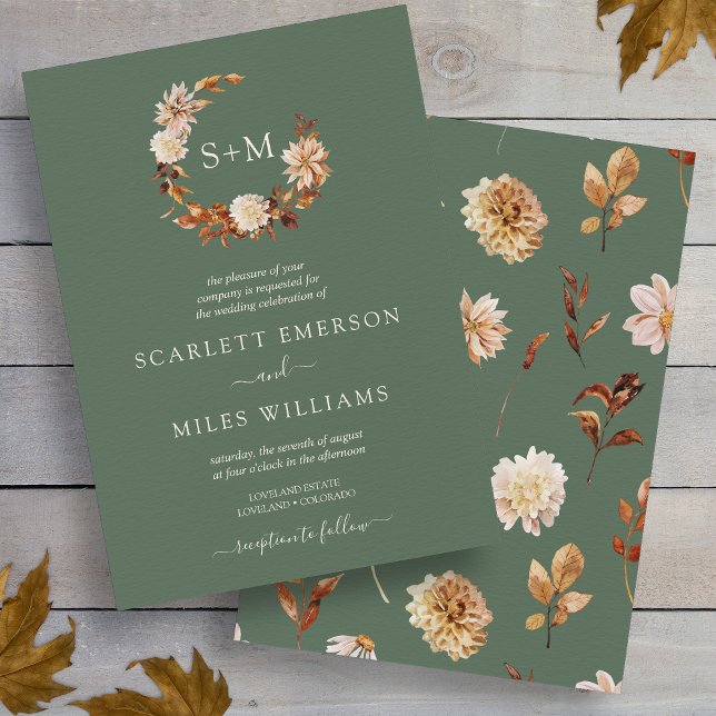 Invitation Couronne de mariage en terre cuite automnale vert  (Sage Green Fall Terracotta Monogram Wreath Wedding Invitation
)