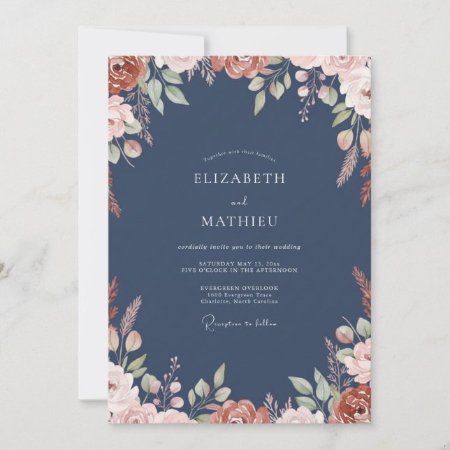 Invitation Couronne de mariage en terre cuite indigo (Devant)