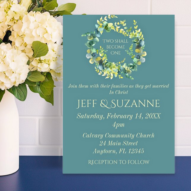Invitation Couronne de mariage Eucalyptus vert Deux deviendro (Eucalyptus Greenery Wedding Wreath Two Shall Become One Invitation
)