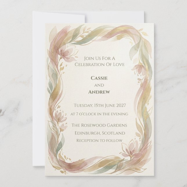 Invitation Couronne de mariage feuille aquarelle Rose Poussié (Devant)