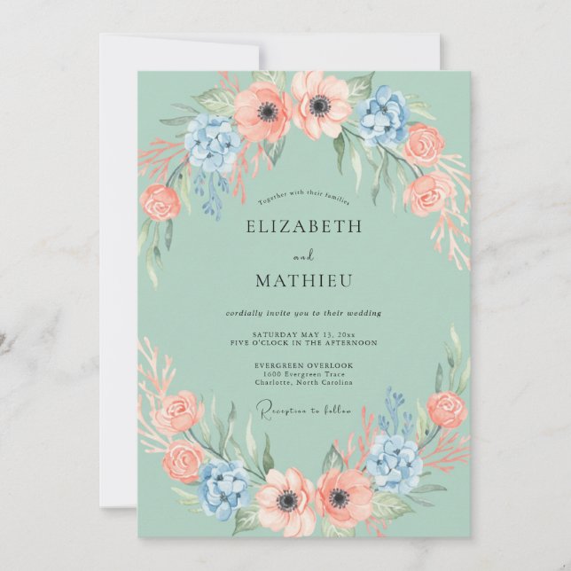 Invitation Couronne de Mariage Fleur de Pêcher à la Menthe (Devant)