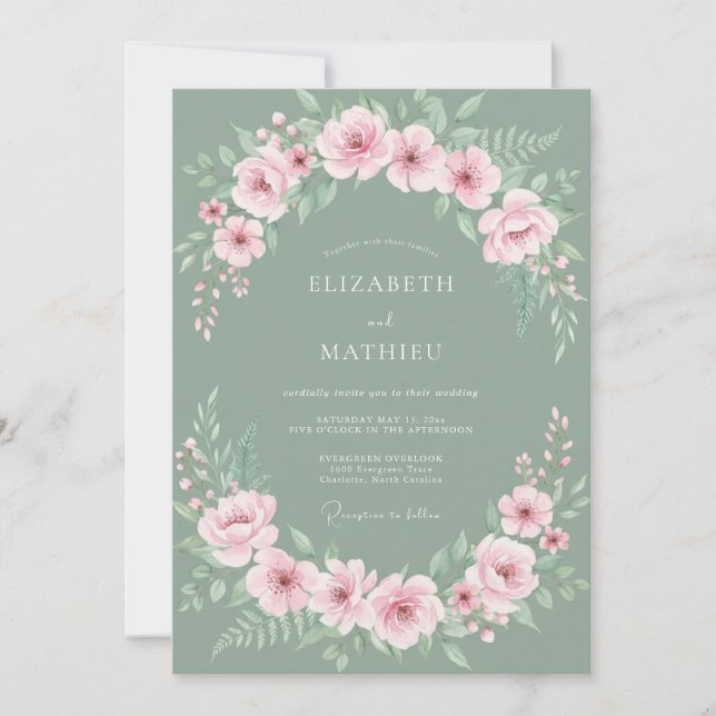 Invitation Couronne de mariage fleurie vert sauge (Devant)