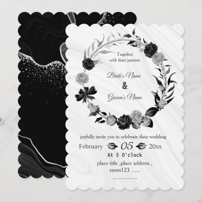 Invitation couronne de mariage fleurs grises argentées et noi (Devant / Derrière)