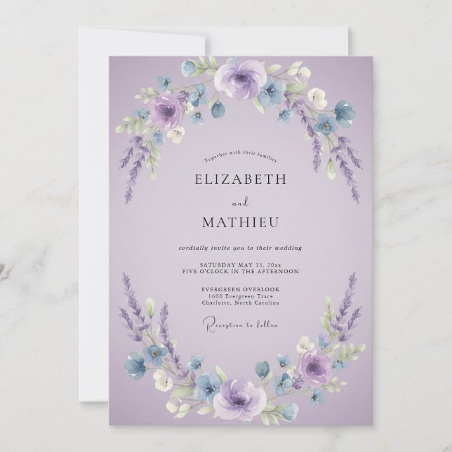 Invitation Couronne de mariage florale à la lavande (Devant)