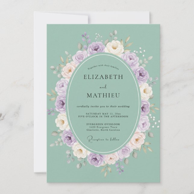 Invitation Couronne de mariage florale à la menthe (Devant)